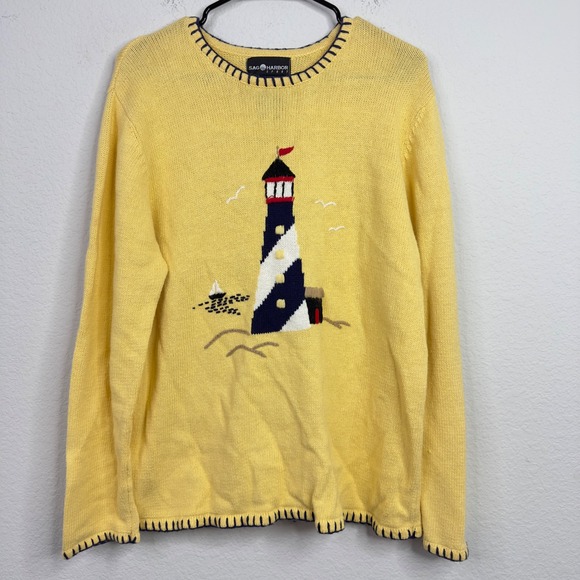 Sag Harbor Sport Sweater Women XL Yellow Knit Lighthouse Nautical Coastal Preppy - Picture 1 of 6